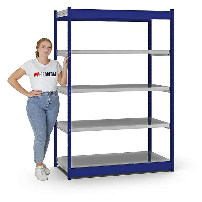 Proregal Schwerlastregal MAGNUS Vierkant-Profil Stecksystem - H x B x T: 200 x 132,5 x 60 cm, Traglast pro Boden: 200 kg, Anzahl Böden: 5 Stk., Stecken, Enzianblau/Verzinkt