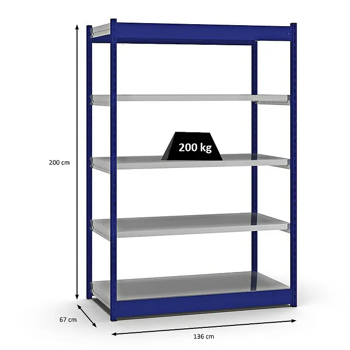 Proregal Schwerlastregal MAGNUS Vierkant-Profil Stecksystem - H x B x T: 200 x 132,5 x 60 cm, Traglast pro Boden: 200 kg, Anzahl Böden: 5 Stk., Stecken, Enzianblau/Verzinkt