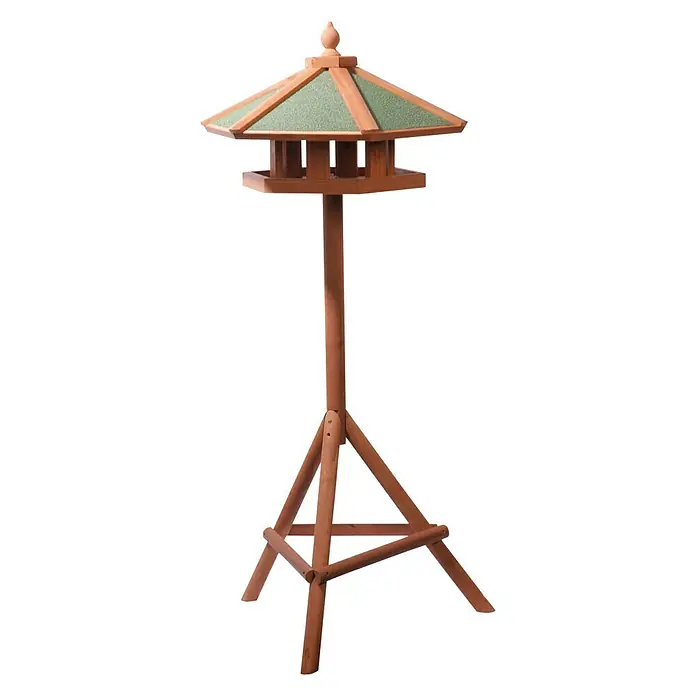 Dobar Vogelhaus Panorama - 66 x 66 x 140,5 cm, Grün/Braun, Holz - Freistehendes Vogelhaus aus Holz mit grünem Dach und dreibeinigem Ständer.