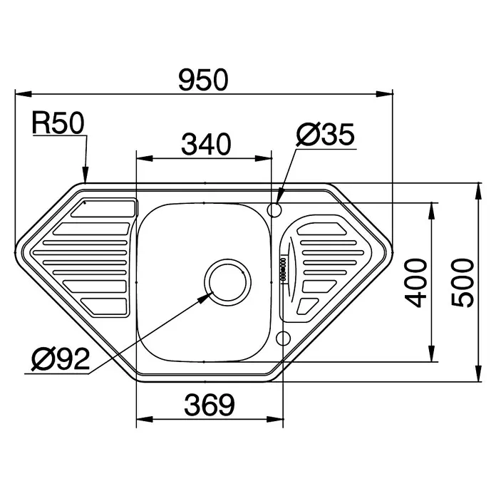 Pyramis Einbauspüle Medusa Corner 1B 2D - 95 x 50 cm, Edelstahl, Anzahl Becken: 1 Stk. - Technische Zeichnung eines Eckspülbeckens mit Maßangaben, inklusive Durchmesser und Radien.
