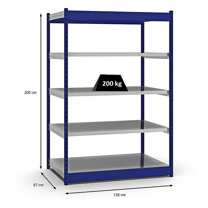 Proregal Schwerlastregal MAGNUS Vierkant-Profil Stecksystem - H x B x T: 200 x 132,5 x 80 cm, Traglast pro Boden: 200 kg, Anzahl Böden: 5 Stk., Stecken, Enzianblau/Verzinkt