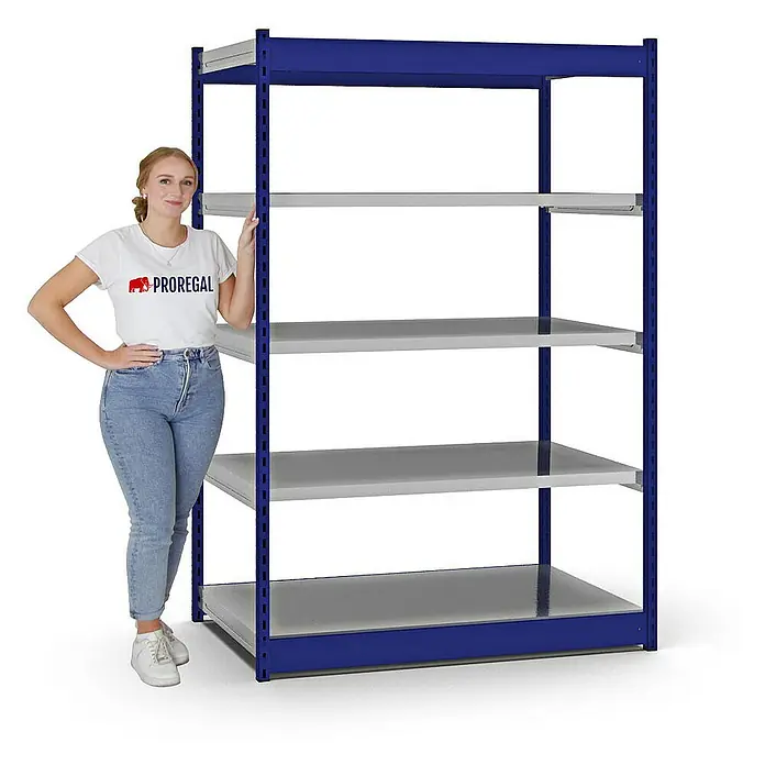 Proregal Schwerlastregal MAGNUS Vierkant-Profil Stecksystem - H x B x T: 200 x 132,5 x 80 cm, Traglast pro Boden: 200 kg, Anzahl Böden: 5 Stk., Stecken, Enzianblau/Verzinkt