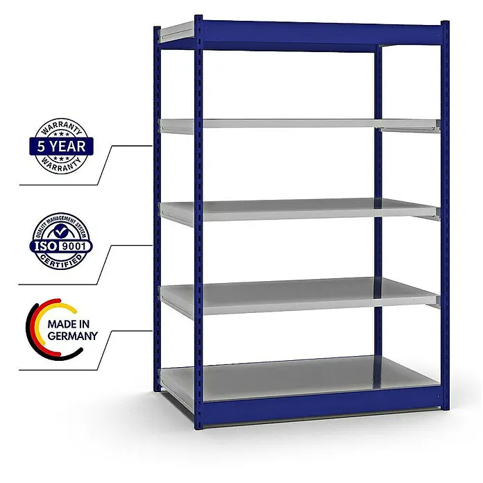Proregal Schwerlastregal MAGNUS Vierkant-Profil Stecksystem - H x B x T: 200 x 132,5 x 80 cm, Traglast pro Boden: 200 kg, Anzahl Böden: 5 Stk., Stecken, Enzianblau/Verzinkt