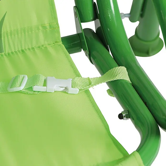 Siena Garden Froggy Hollywoodschaukel für Kinder - L x B x H: 180 x 78 x 110 cm - Nahaufnahme eines grünen Kinderstuhls mit weißem Sicherheitsgurt.