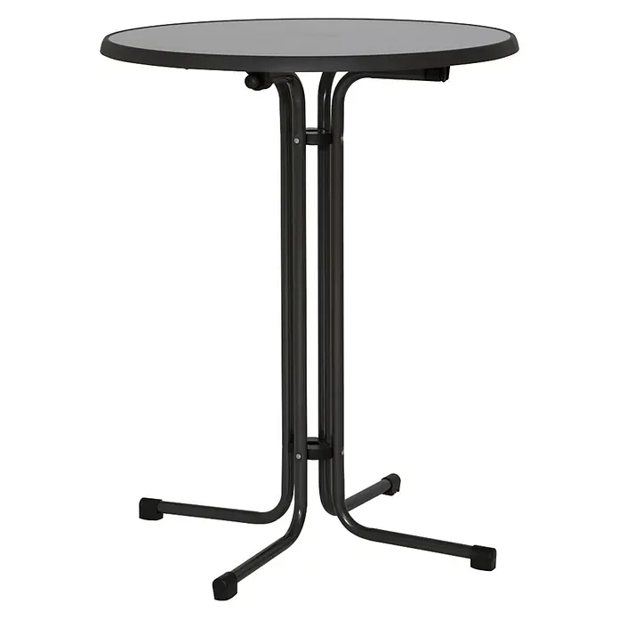 MFG Garten-Stehtisch rund - Ø x H: 85 x 110 cm, Stahl, Kunststoff, Klappbar, Grau - Ein schlanker, grauer Stehtisch mit einem robusten, dunklen Metallgestell. Ideal für Partys und Events, bietet er eine stilvolle Ablagefläche.