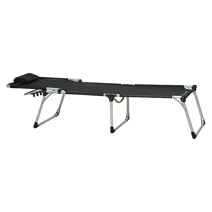 Siena Garden Gartenliege Sole Extra groß - Schwarz, Aluminium, Rückenlehne verstellbar - Das Bild zeigt eine schwarze, zusammenklappbare Feldbettliege mit einem silberfarbenen Metallgestell und einem integrierten Kopfkissen.