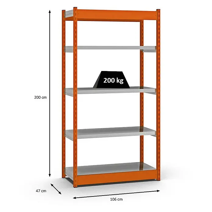 Proregal Schwerlastregal MAGNUS Vierkant-Profil Stecksystem - H x B x T: 200 x 102,5 x 40 cm, Traglast pro Boden: 200 kg, Anzahl Böden: 5 Stk., Stecken, Orange/Verzinkt