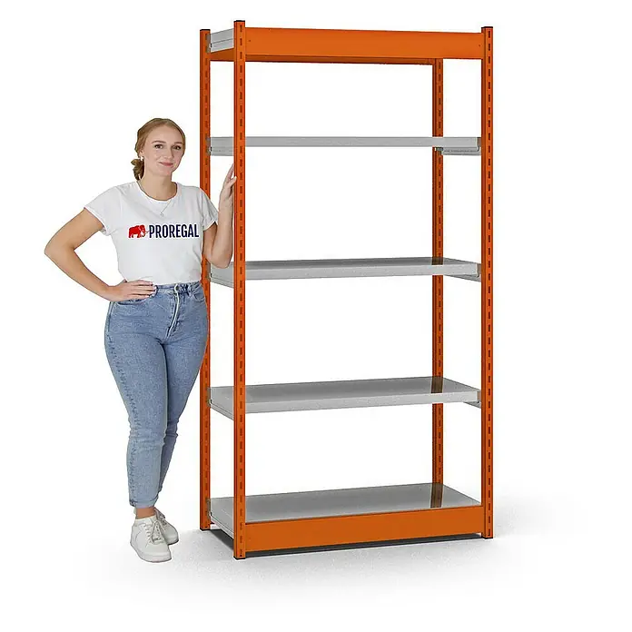 Proregal Schwerlastregal MAGNUS Vierkant-Profil Stecksystem - H x B x T: 200 x 102,5 x 40 cm, Traglast pro Boden: 200 kg, Anzahl Böden: 5 Stk., Stecken, Orange/Verzinkt