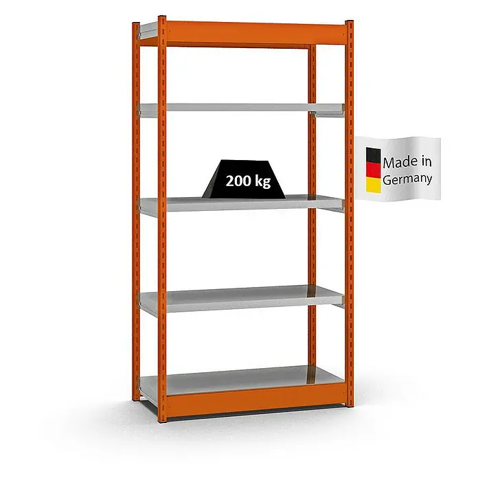 Proregal Schwerlastregal MAGNUS Vierkant-Profil Stecksystem - H x B x T: 200 x 102,5 x 40 cm, Traglast pro Boden: 200 kg, Anzahl Böden: 5 Stk., Stecken, Orange/Verzinkt