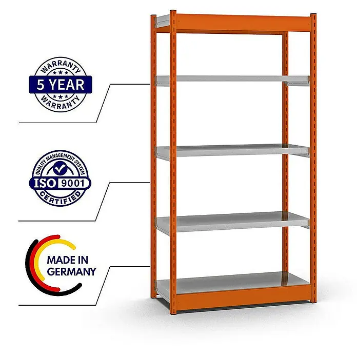 Proregal Schwerlastregal MAGNUS Vierkant-Profil Stecksystem - H x B x T: 200 x 102,5 x 40 cm, Traglast pro Boden: 200 kg, Anzahl Böden: 5 Stk., Stecken, Orange/Verzinkt