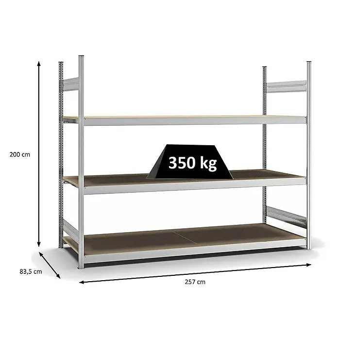 Proregal Schwerlastregal MAGNUS Stecksystem - H x B x T: 200 x 250 x 80 cm, Traglast pro Boden: 350 kg, Anzahl Böden: 3 Stk., Stecken, Verzinkt