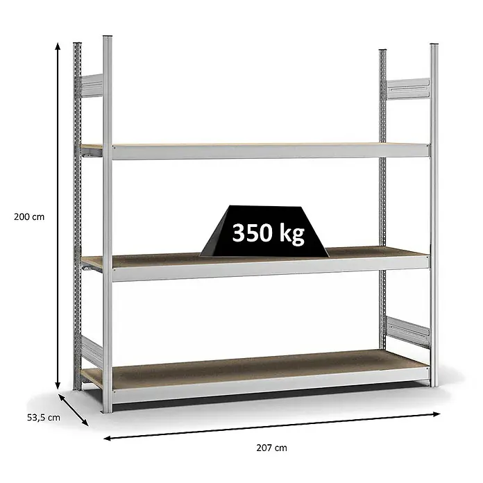 Proregal Schwerlastregal MAGNUS Stecksystem - H x B x T: 200 x 200 x 50 cm, Traglast pro Boden: 350 kg, Anzahl Böden: 3 Stk., Stecken, Verzinkt