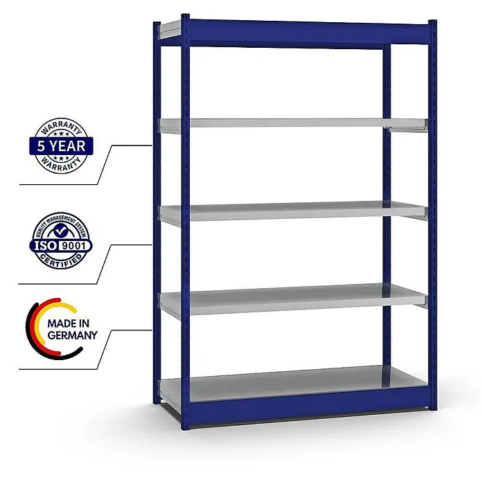 Proregal Schwerlastregal MAGNUS Vierkant-Profil Stecksystem - H x B x T: 200 x 132,5 x 50 cm, Traglast pro Boden: 200 kg, Anzahl Böden: 5 Stk., Stecken, Enzianblau/Verzinkt