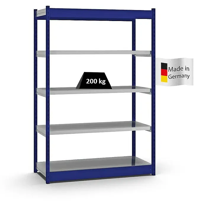 Proregal Schwerlastregal MAGNUS Vierkant-Profil Stecksystem - H x B x T: 200 x 132,5 x 50 cm, Traglast pro Boden: 200 kg, Anzahl Böden: 5 Stk., Stecken, Enzianblau/Verzinkt