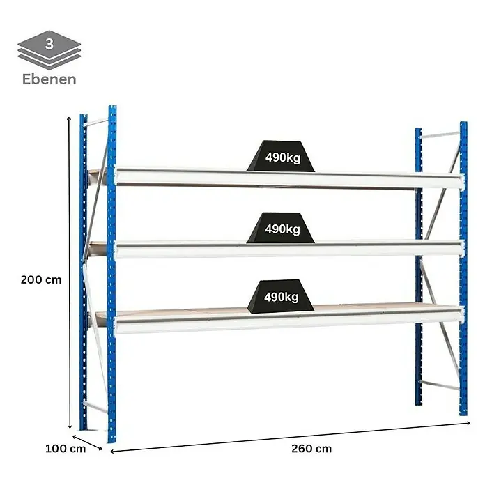 Proregal Schwerlastregal Weitspannregal MAXIMUS Pro - H x B x T: 200 x 260 x 100 cm, Traglast pro Boden: 490 kg, Anzahl Böden: 3 Stk., Stecken, Lichtblau/Lichtgrau