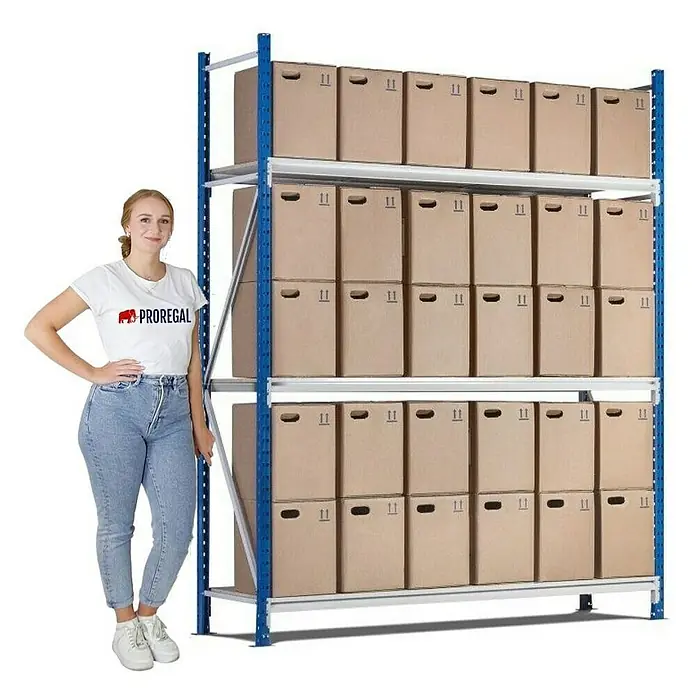 Proregal Schwerlastregal Weitspannregal MAXIMUS - H x B x T: 300 x 150 x 120 cm, Traglast pro Boden: 475 kg, Anzahl Böden: 4 Stk., Stecken, Lichtblau/Lichtgrau