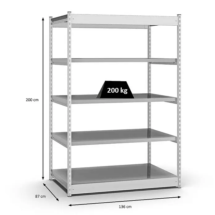 Proregal Schwerlastregal MAGNUS Vierkant-Profil Stecksystem - H x B x T: 200 x 132,5 x 80 cm, Traglast pro Boden: 200 kg, Anzahl Böden: 5 Stk., Stecken, Lichtgrau/Verzinkt