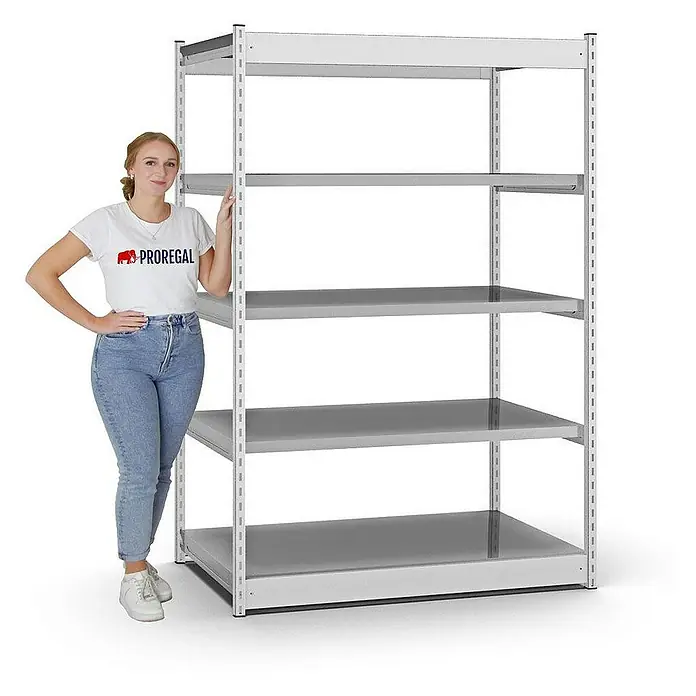 Proregal Schwerlastregal MAGNUS Vierkant-Profil Stecksystem - H x B x T: 200 x 132,5 x 80 cm, Traglast pro Boden: 200 kg, Anzahl Böden: 5 Stk., Stecken, Lichtgrau/Verzinkt