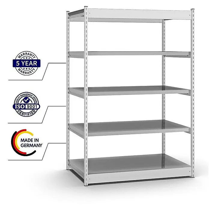 Proregal Schwerlastregal MAGNUS Vierkant-Profil Stecksystem - H x B x T: 200 x 132,5 x 80 cm, Traglast pro Boden: 200 kg, Anzahl Böden: 5 Stk., Stecken, Lichtgrau/Verzinkt
