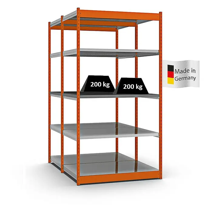 Proregal Schwerlastregal MAGNUS Vierkant-Profil Stecksystem - H x B x T: 200 x 132,5 x 80 cm, Traglast pro Boden: 200 kg, Anzahl Böden: 10 Stk., Stecken, Orange/Verzinkt