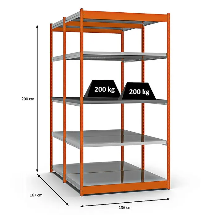 Proregal Schwerlastregal MAGNUS Vierkant-Profil Stecksystem - H x B x T: 200 x 132,5 x 80 cm, Traglast pro Boden: 200 kg, Anzahl Böden: 10 Stk., Stecken, Orange/Verzinkt