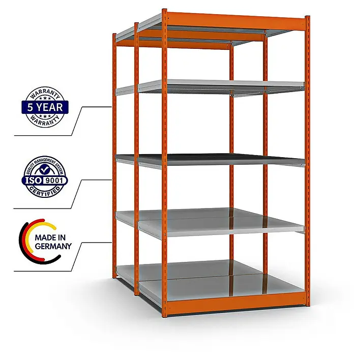 Proregal Schwerlastregal MAGNUS Vierkant-Profil Stecksystem - H x B x T: 200 x 132,5 x 80 cm, Traglast pro Boden: 200 kg, Anzahl Böden: 10 Stk., Stecken, Orange/Verzinkt