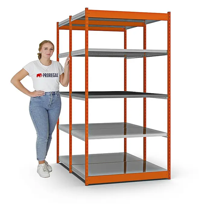 Proregal Schwerlastregal MAGNUS Vierkant-Profil Stecksystem - H x B x T: 200 x 132,5 x 80 cm, Traglast pro Boden: 200 kg, Anzahl Böden: 10 Stk., Stecken, Orange/Verzinkt