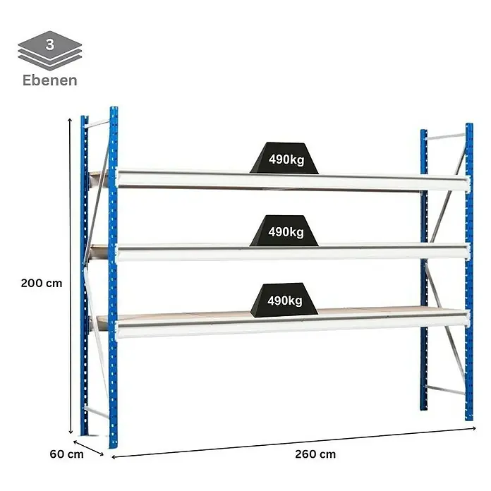 Proregal Schwerlastregal Weitspannregal MAXIMUS Pro - H x B x T: 200 x 260 x 60 cm, Traglast pro Boden: 490 kg, Anzahl Böden: 3 Stk., Stecken, Lichtblau/Lichtgrau