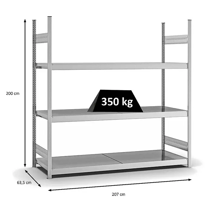 Proregal Schwerlastregal MAGNUS Stecksystem - H x B x T: 200 x 200 x 60 cm, Traglast pro Boden: 350 kg, Anzahl Böden: 3 Stk., Stecken, Verzinkt