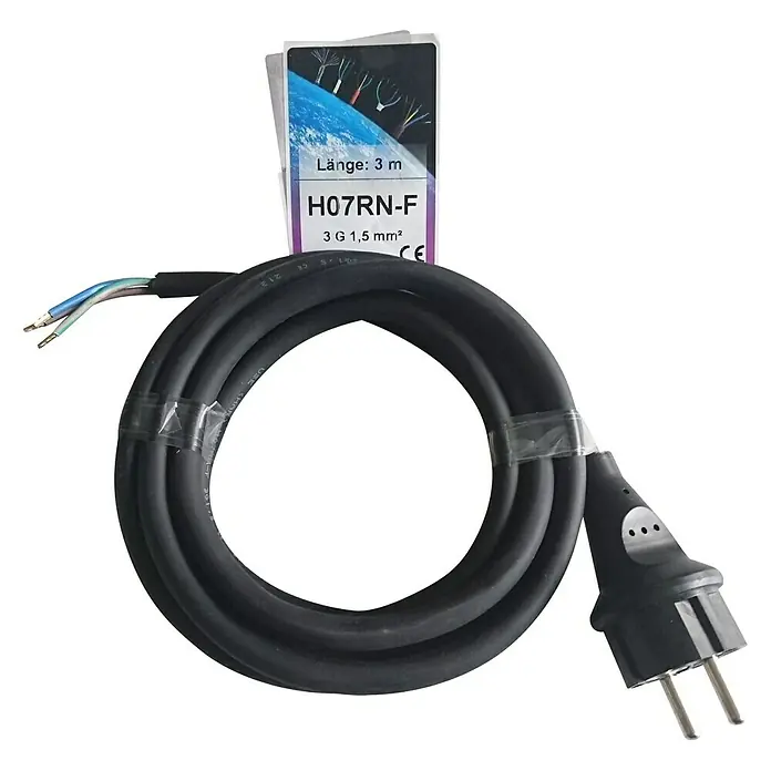 Konturenleitung H07RN-F 3G1,5 mm² - Anzahl Adern: 3, 3 m, Schwarz - Schwarzes H07RN-F-Kabel mit Stecker und freiliegenden Enden, 3 Meter lang und 3 G 1,5 mm². Ideal für den flexiblen Einsatz.