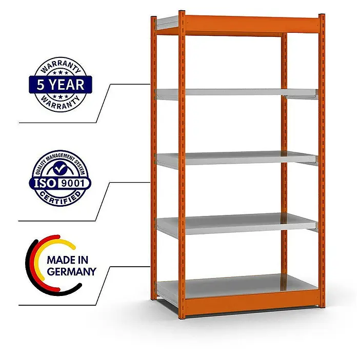 Proregal Schwerlastregal MAGNUS Vierkant-Profil Stecksystem - H x B x T: 200 x 102,5 x 50 cm, Traglast pro Boden: 200 kg, Anzahl Böden: 5 Stk., Stecken, Orange/Verzinkt