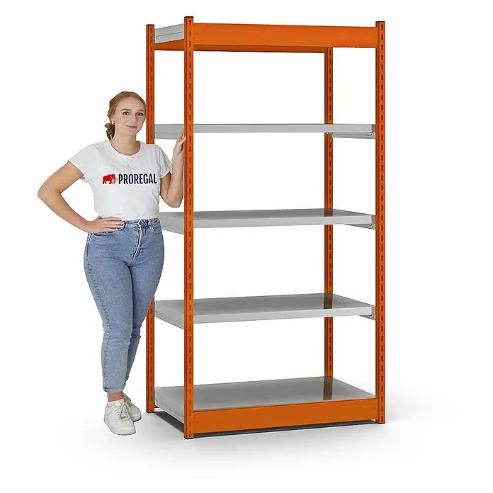 Proregal Schwerlastregal MAGNUS Vierkant-Profil Stecksystem - H x B x T: 200 x 102,5 x 50 cm, Traglast pro Boden: 200 kg, Anzahl Böden: 5 Stk., Stecken, Orange/Verzinkt