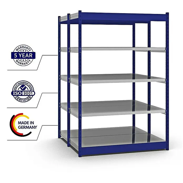 Proregal Schwerlastregal MAGNUS Vierkant-Profil Stecksystem - H x B x T: 200 x 132,5 x 60 cm, Traglast pro Boden: 200 kg, Anzahl Böden: 10 Stk., Stecken, Enzianblau/Verzinkt