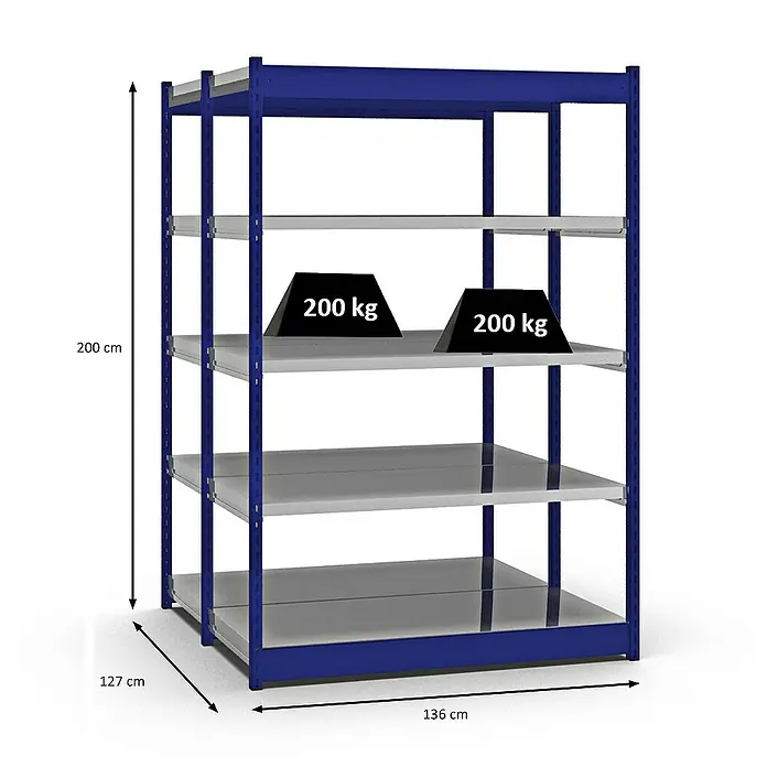 Proregal Schwerlastregal MAGNUS Vierkant-Profil Stecksystem - H x B x T: 200 x 132,5 x 60 cm, Traglast pro Boden: 200 kg, Anzahl Böden: 10 Stk., Stecken, Enzianblau/Verzinkt