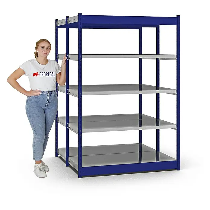 Proregal Schwerlastregal MAGNUS Vierkant-Profil Stecksystem - H x B x T: 200 x 132,5 x 60 cm, Traglast pro Boden: 200 kg, Anzahl Böden: 10 Stk., Stecken, Enzianblau/Verzinkt
