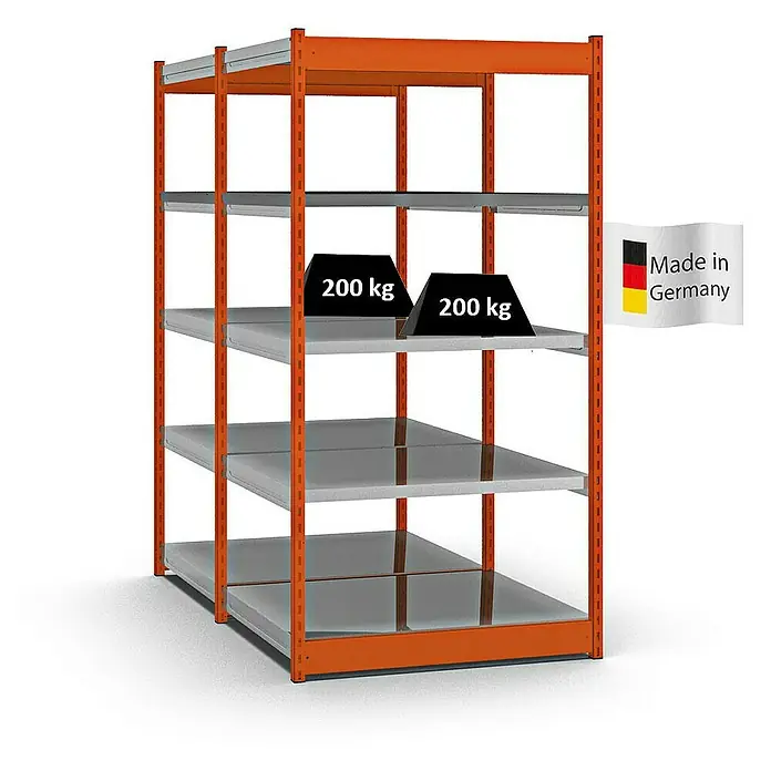 Proregal Schwerlastregal MAGNUS Vierkant-Profil Stecksystem - H x B x T: 200 x 102,5 x 80 cm, Traglast pro Boden: 200 kg, Anzahl Böden: 10 Stk., Stecken, Orange/Verzinkt