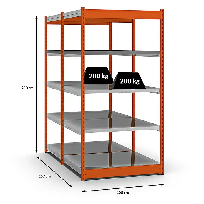 Proregal Schwerlastregal MAGNUS Vierkant-Profil Stecksystem - H x B x T: 200 x 102,5 x 80 cm, Traglast pro Boden: 200 kg, Anzahl Böden: 10 Stk., Stecken, Orange/Verzinkt