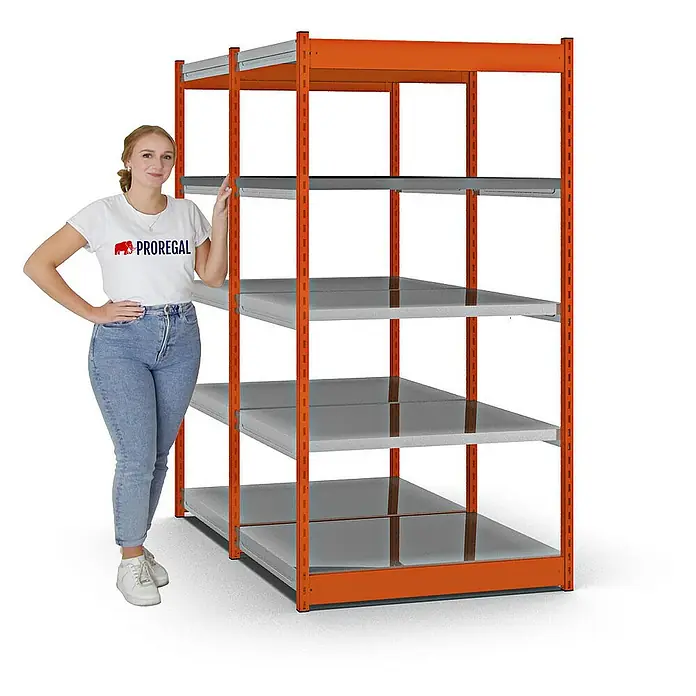 Proregal Schwerlastregal MAGNUS Vierkant-Profil Stecksystem - H x B x T: 200 x 102,5 x 80 cm, Traglast pro Boden: 200 kg, Anzahl Böden: 10 Stk., Stecken, Orange/Verzinkt