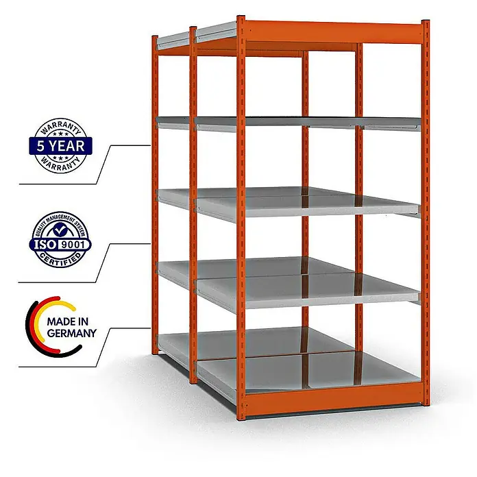 Proregal Schwerlastregal MAGNUS Vierkant-Profil Stecksystem - H x B x T: 200 x 102,5 x 80 cm, Traglast pro Boden: 200 kg, Anzahl Böden: 10 Stk., Stecken, Orange/Verzinkt
