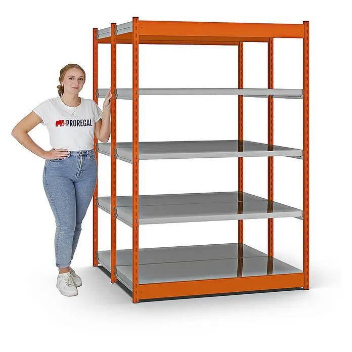 Proregal Schwerlastregal MAGNUS Vierkant-Profil Stecksystem - H x B x T: 200 x 132,5 x 60 cm, Traglast pro Boden: 200 kg, Anzahl Böden: 10 Stk., Stecken, Orange/Verzinkt