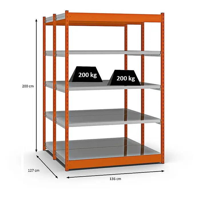Proregal Schwerlastregal MAGNUS Vierkant-Profil Stecksystem - H x B x T: 200 x 132,5 x 60 cm, Traglast pro Boden: 200 kg, Anzahl Böden: 10 Stk., Stecken, Orange/Verzinkt
