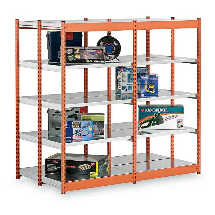Proregal Schwerlastregal MAGNUS Vierkant-Profil Stecksystem - H x B x T: 200 x 132,5 x 60 cm, Traglast pro Boden: 200 kg, Anzahl Böden: 10 Stk., Stecken, Orange/Verzinkt