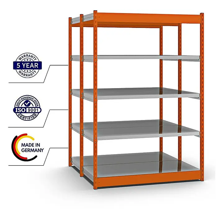 Proregal Schwerlastregal MAGNUS Vierkant-Profil Stecksystem - H x B x T: 200 x 132,5 x 60 cm, Traglast pro Boden: 200 kg, Anzahl Böden: 10 Stk., Stecken, Orange/Verzinkt
