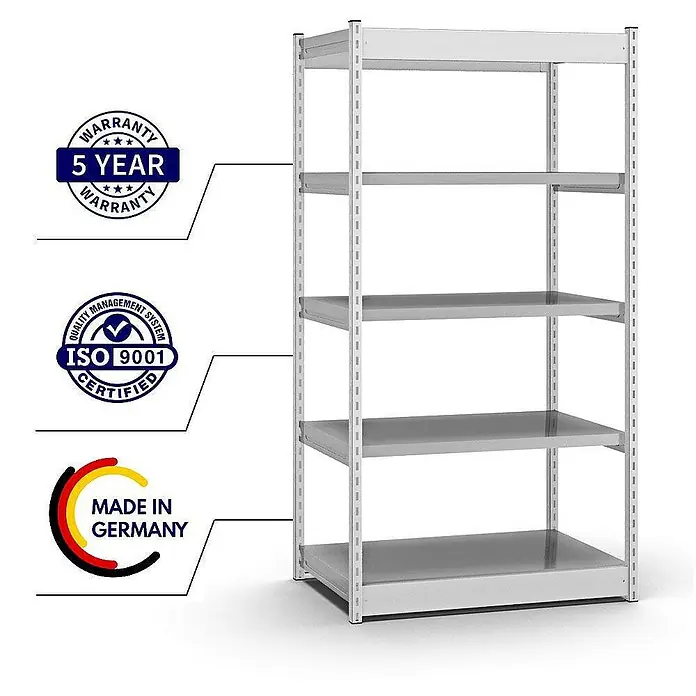 Proregal Schwerlastregal MAGNUS Vierkant-Profil Stecksystem - H x B x T: 200 x 102,5 x 60 cm, Traglast pro Boden: 200 kg, Anzahl Böden: 5 Stk., Stecken, Lichtgrau/Verzinkt