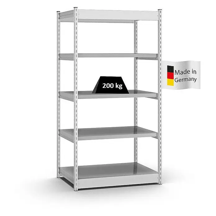Proregal Schwerlastregal MAGNUS Vierkant-Profil Stecksystem - H x B x T: 200 x 102,5 x 60 cm, Traglast pro Boden: 200 kg, Anzahl Böden: 5 Stk., Stecken, Lichtgrau/Verzinkt