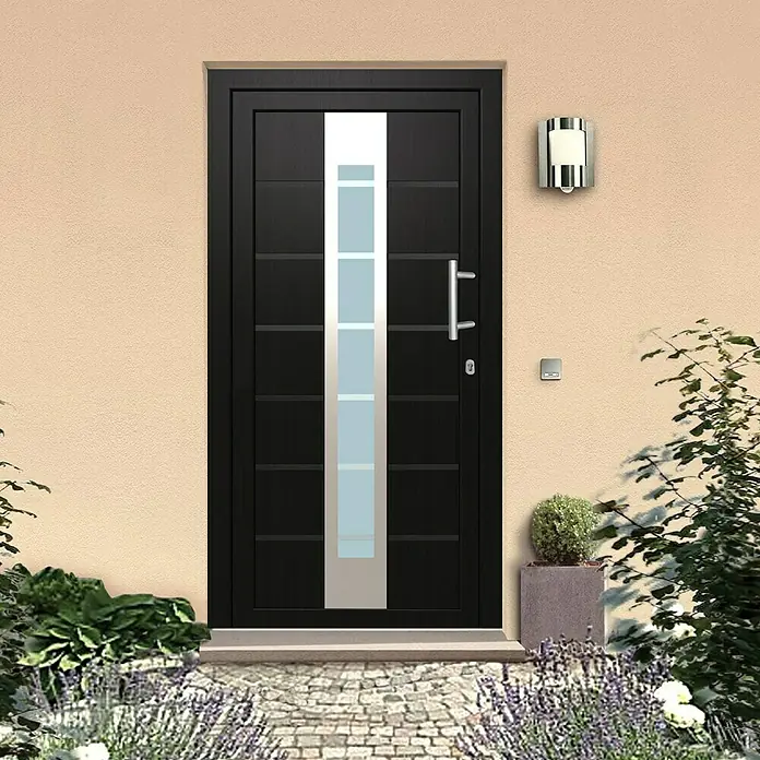 Solid Elements Haustür KT-448 - 110 x 210 cm, DIN Anschlag: Rechts, Anthrazit/Weiß - Schwarze Haustür mit Glaseinsatz in einem hellen Gebäude. Ein stilvoller und sicherer Eingang für Ihr Zuhause.