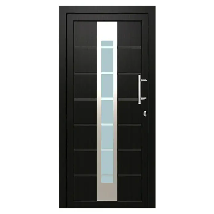 Solid Elements Haustür KT-448 - 110 x 210 cm, DIN Anschlag: Rechts, Anthrazit/Weiß - Elegante schwarze Tür mit vertikalem Glaseinsatz und modernem Türgriff, ideal für zeitgemäße Wohnräume.
