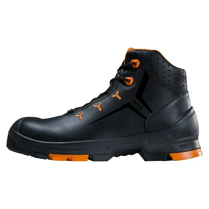 Uvex Sicherheitsstiefel 2 - 43, Schutzklasse nach EN ISO 20345: S3, Schwarz/Orange - Ein schwarzer Uvex-Sicherheitsschuh mit orangen Akzenten, ideal für den Arbeitsschutz. Robuste Konstruktion für anspruchsvolle Umgebungen.