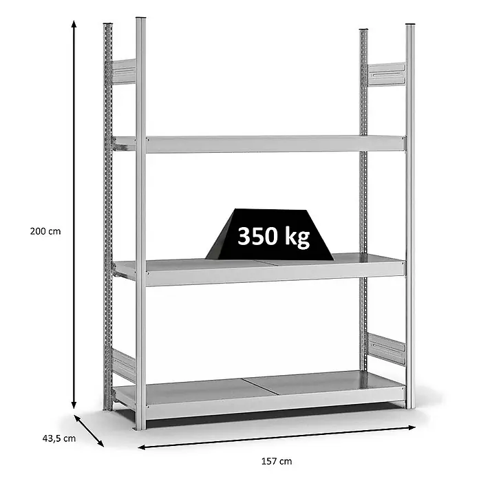 Proregal Schwerlastregal MAGNUS Stecksystem - H x B x T: 200 x 150 x 40 cm, Traglast pro Boden: 350 kg, Anzahl Böden: 3 Stk., Stecken, Verzinkt