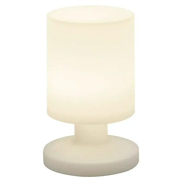 Reality Leuchten Akku-Tischleuchte Lora - 1,5 W, L x B x H: 13 x 13 x 20 cm, Weiß, Warmweiß - Tischleuchte mit zylindrischem Lampenschirm und rundem Sockel, die ein warmes, diffuses Licht abgibt.\n